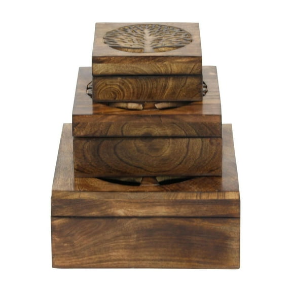 DecMode Tree Handmade Brown Wood Decorative Box with Hinged Lid, 3 Count
