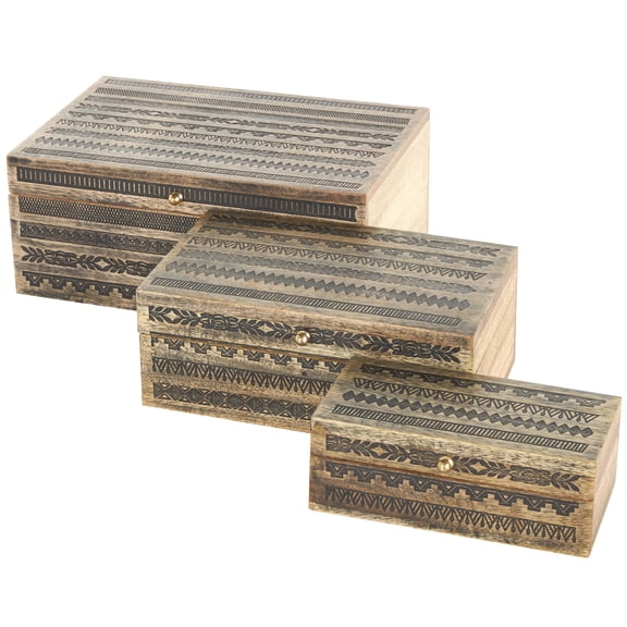 DecMode Tribal Handmade Storage Brown Mango Wood Decorative Box with Gold Accents, 3 Count