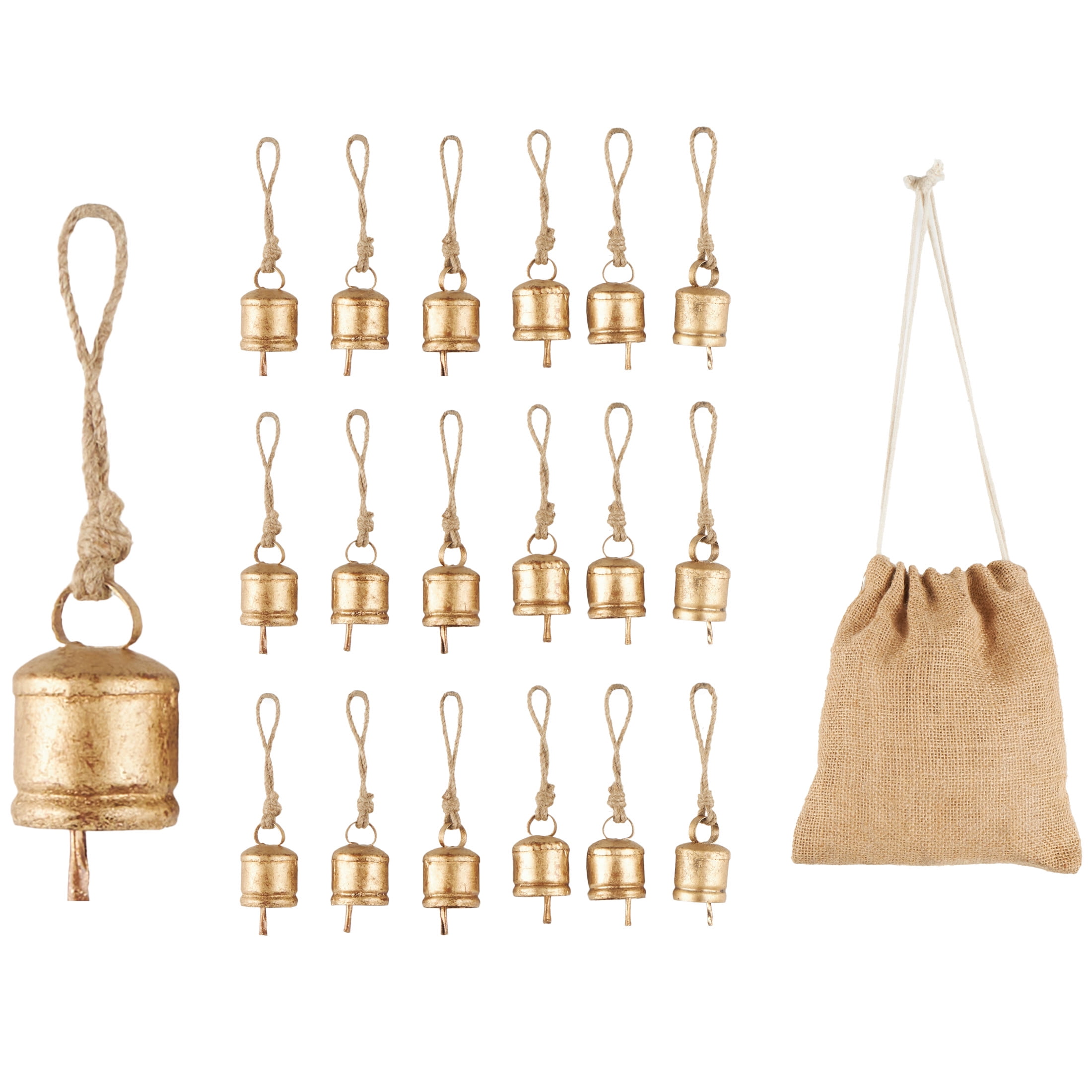 Metallic Rods Bell DecMode Tibetan Inspired Gold Metal Round Decorative Bells with Jute ...