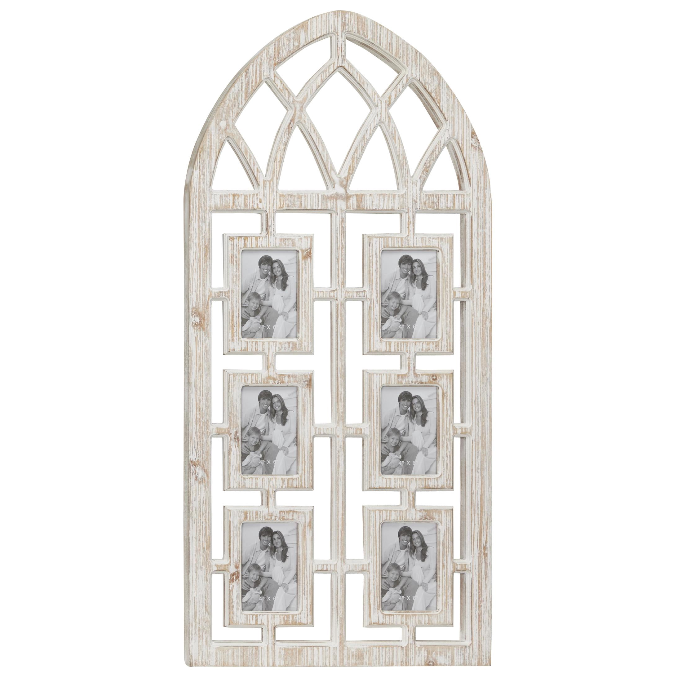 DecMode Vintage Wood Window Arch Shape 6 Slot Wall Photo Frame with Light Brown/White Finish, 19"W x 41"H