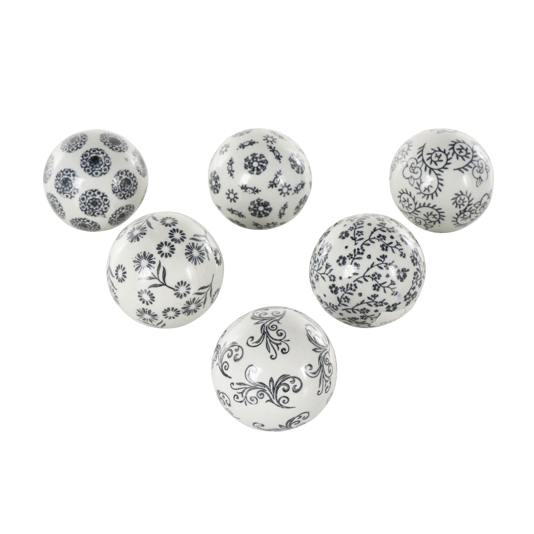 DecMode Black 3" Floral Glossy Ceramic Orbs & Vase Filler with Varying Floral and Scroll Patterns (6 Count)