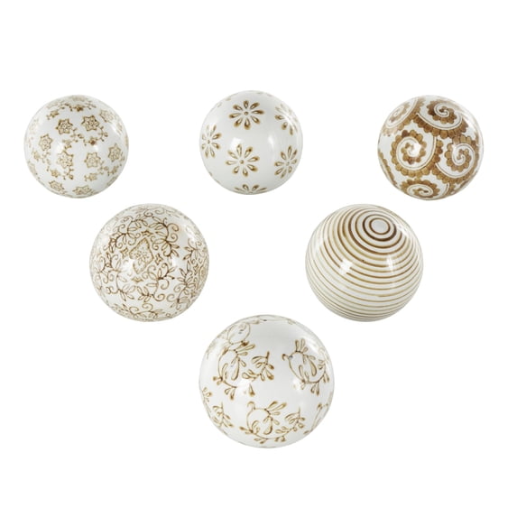 DecMode Brown 3" Floral Glossy Ceramic Orbs & Vase Filler with Varying Floral and Scroll Patterns (6 Count)