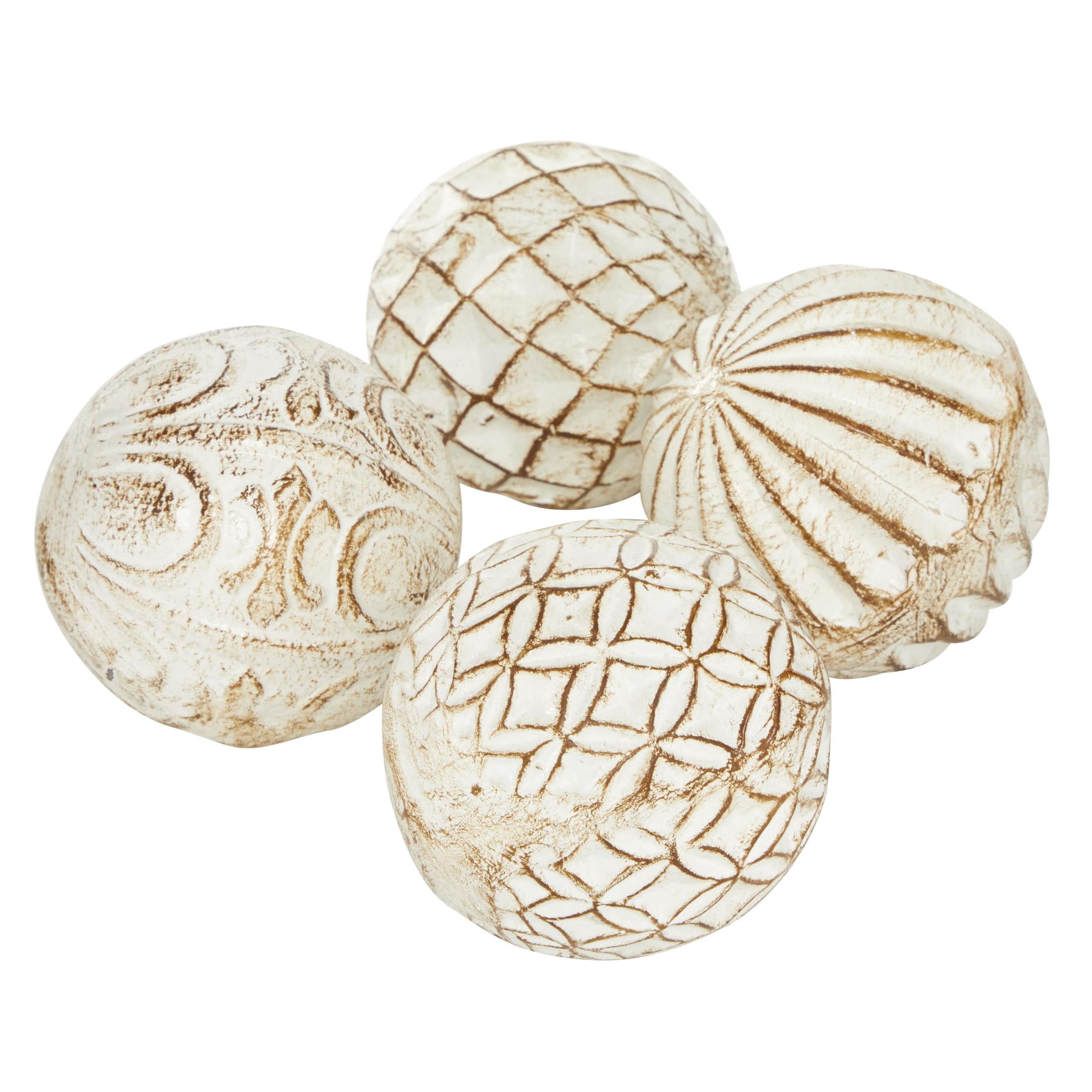 DecMode White 4" Handmade Carved Ceramic Orbs & Vase Filler with Varying Patterns (4 Count)