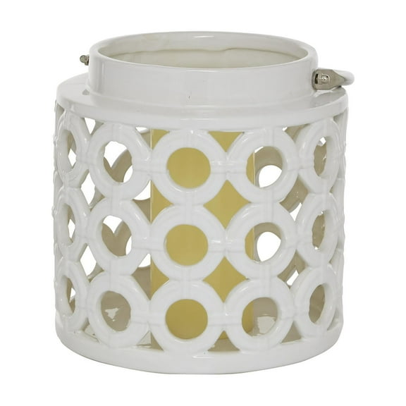 DecMode White Ceramic Circles Decorative Candle Lantern with Cut Out Design
