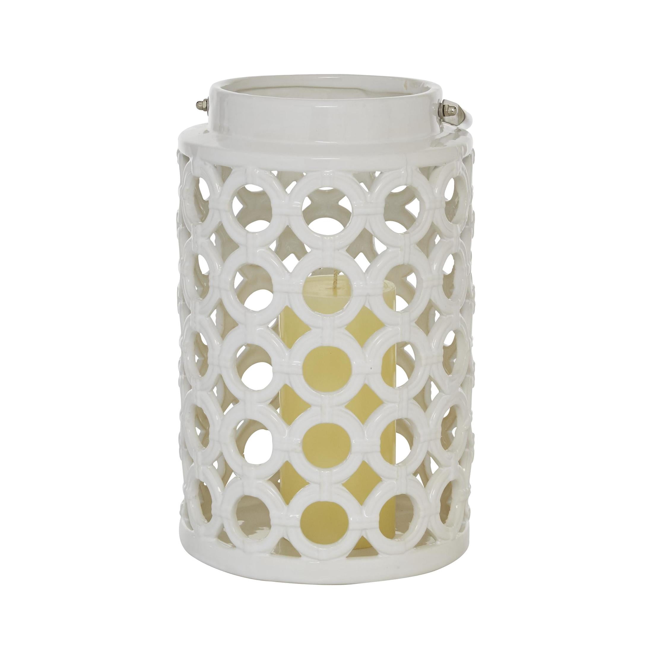 DecMode White Ceramic Circles Decorative Candle Lantern with Cut Out Design