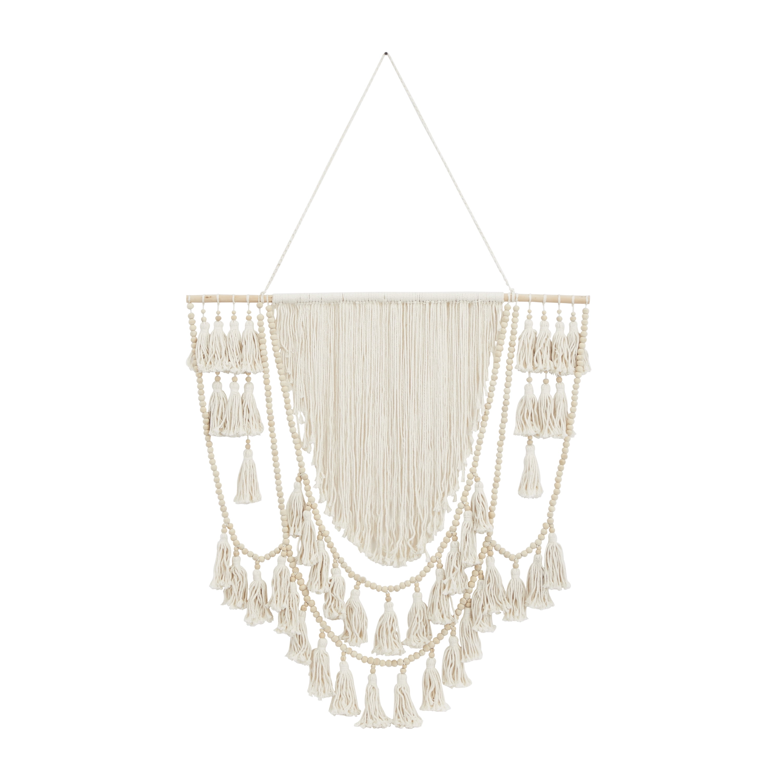 DecMode White Cotton Handmade Intricately Weaved Macrame Wall Decor with Beaded Fringe Tassels