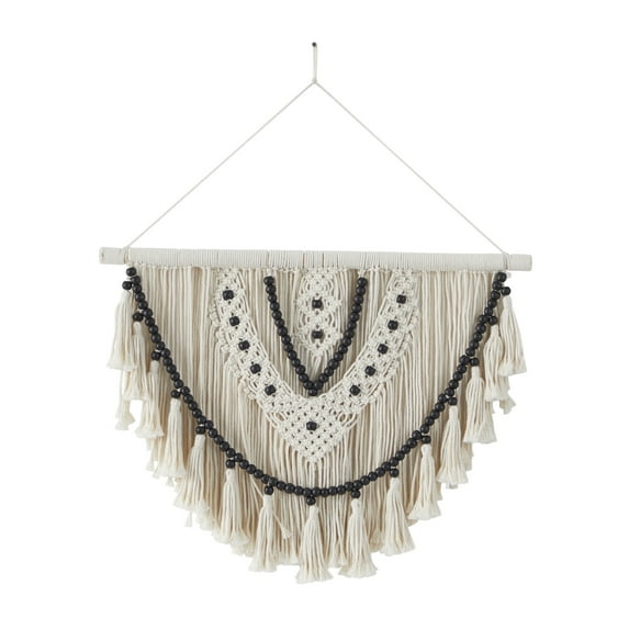 DecMode White Cotton Handmade Intricately Weaved Macrame Wall Decor with Beaded Fringe Tassels