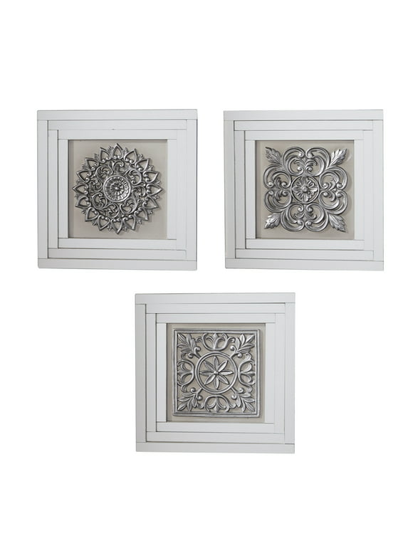 DecMode White Glass Floral Wall Decor with Embossed Details (3 Count)