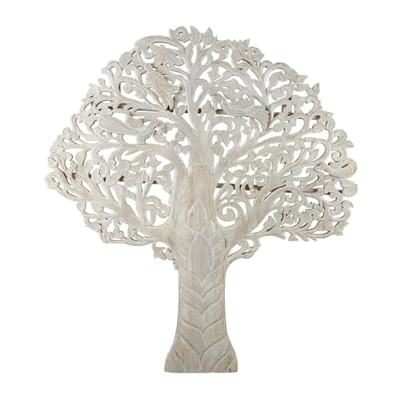 DecMode White Mango Wood Large Carved Tree Wall Decor with Scrollwork