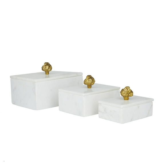 DecMode White Marble Decorative Box with Gold Finial, 3 Count