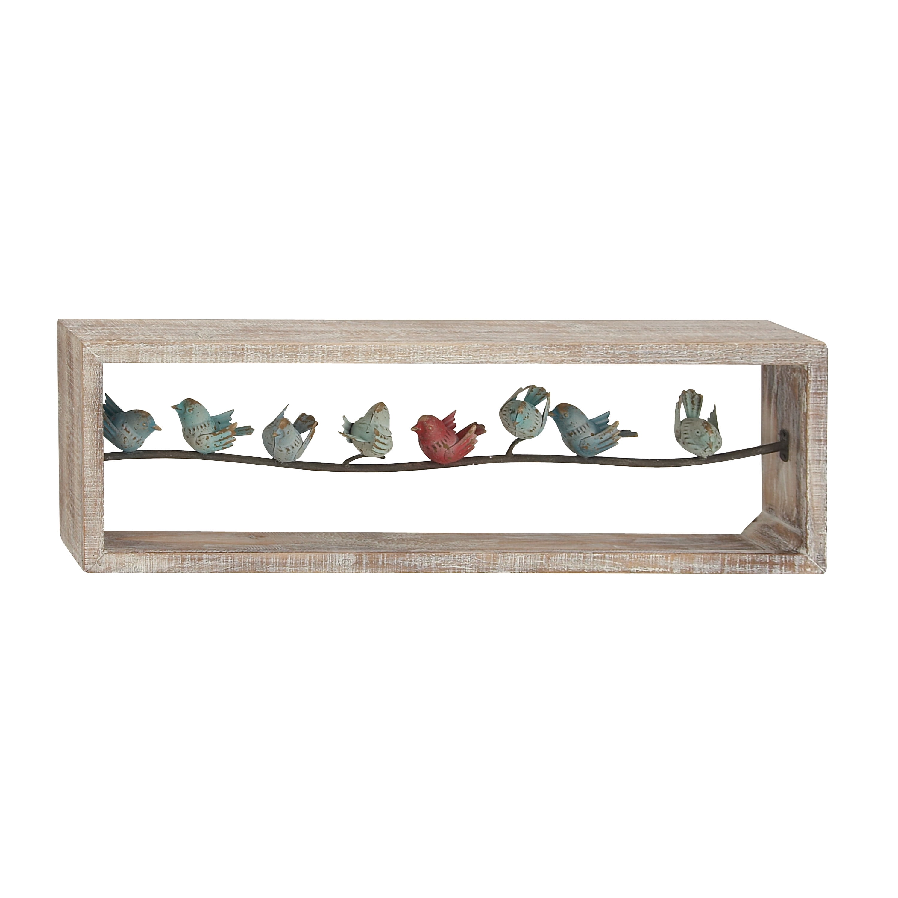 Distressed Multicolor Metal Birds on Weathered Wood Frame Wall Sculpture