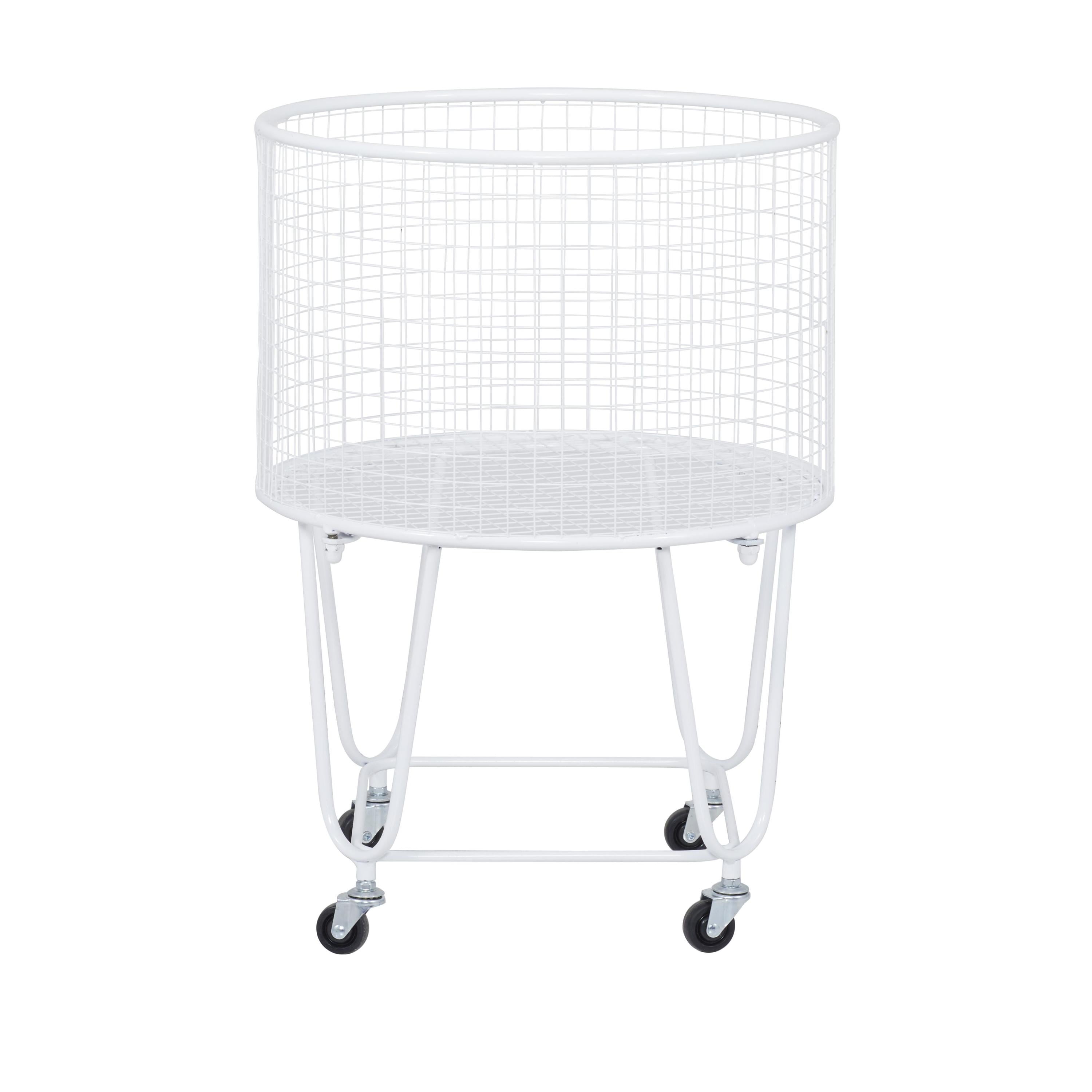 White Metal Mesh Rolling Laundry Basket Storage Cart with Wheels
