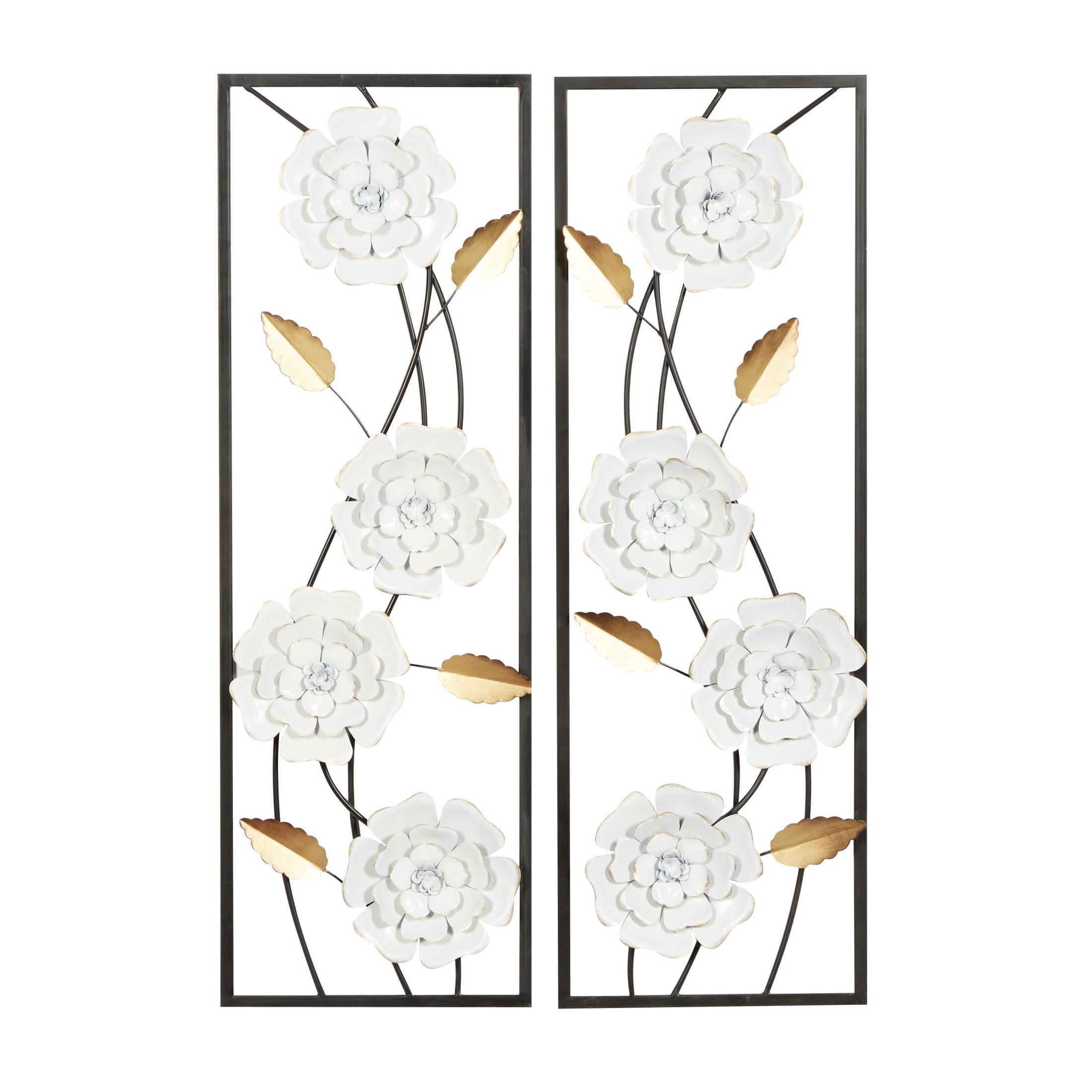 DecMode White Metal Dimensional Floating Floral Wall Decor with Black and Gold Accents (2 Count)