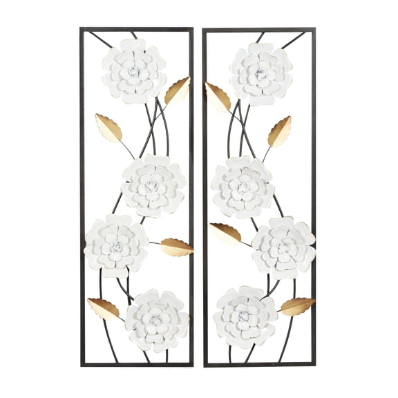 DecMode White Metal Dimensional Floating Floral Wall Decor with Black and Gold Accents (2 Count)