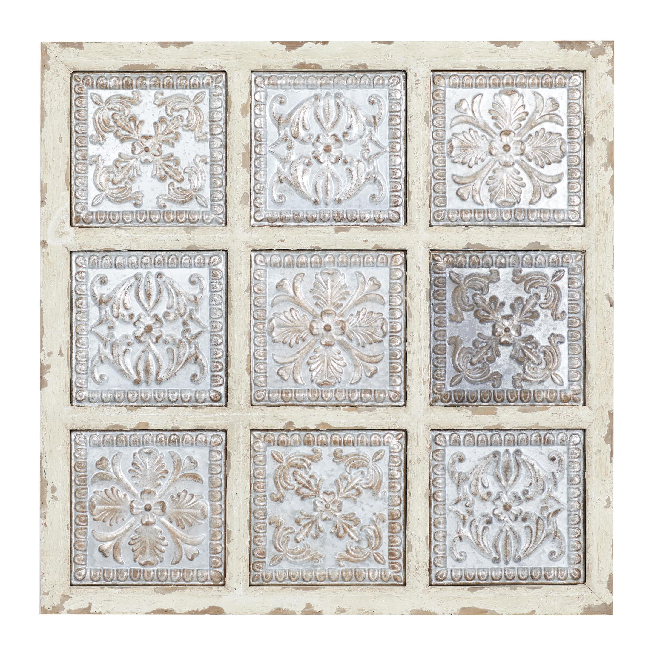 DecMode Gray Metal Embossed Floral Wall Decor with Distressed Cream Frame