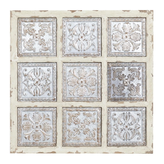 DecMode Gray Metal Embossed Floral Wall Decor with Distressed Cream Frame