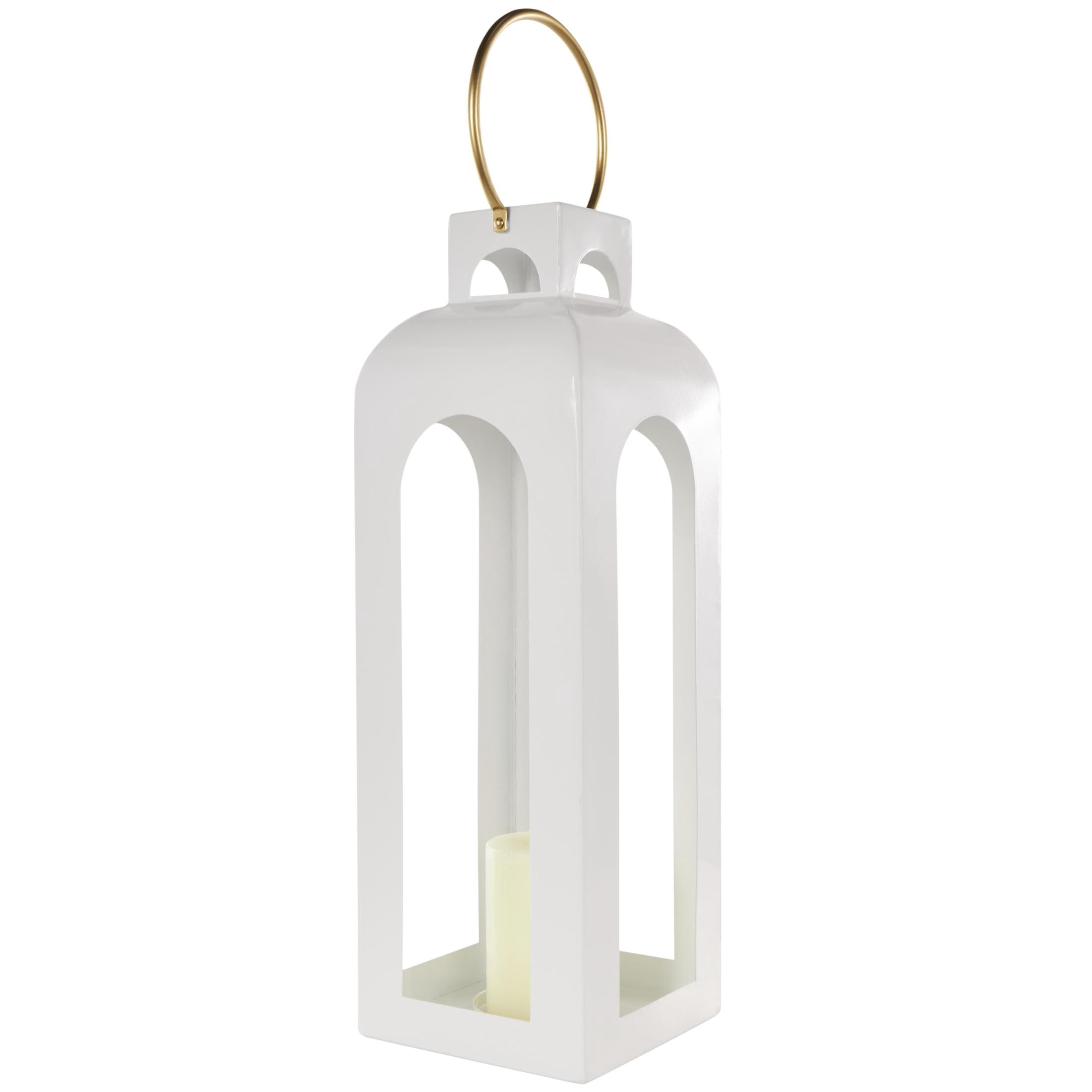 DecMode White Metal Tall Arched Cutout Candle Lantern with Gold Handle
