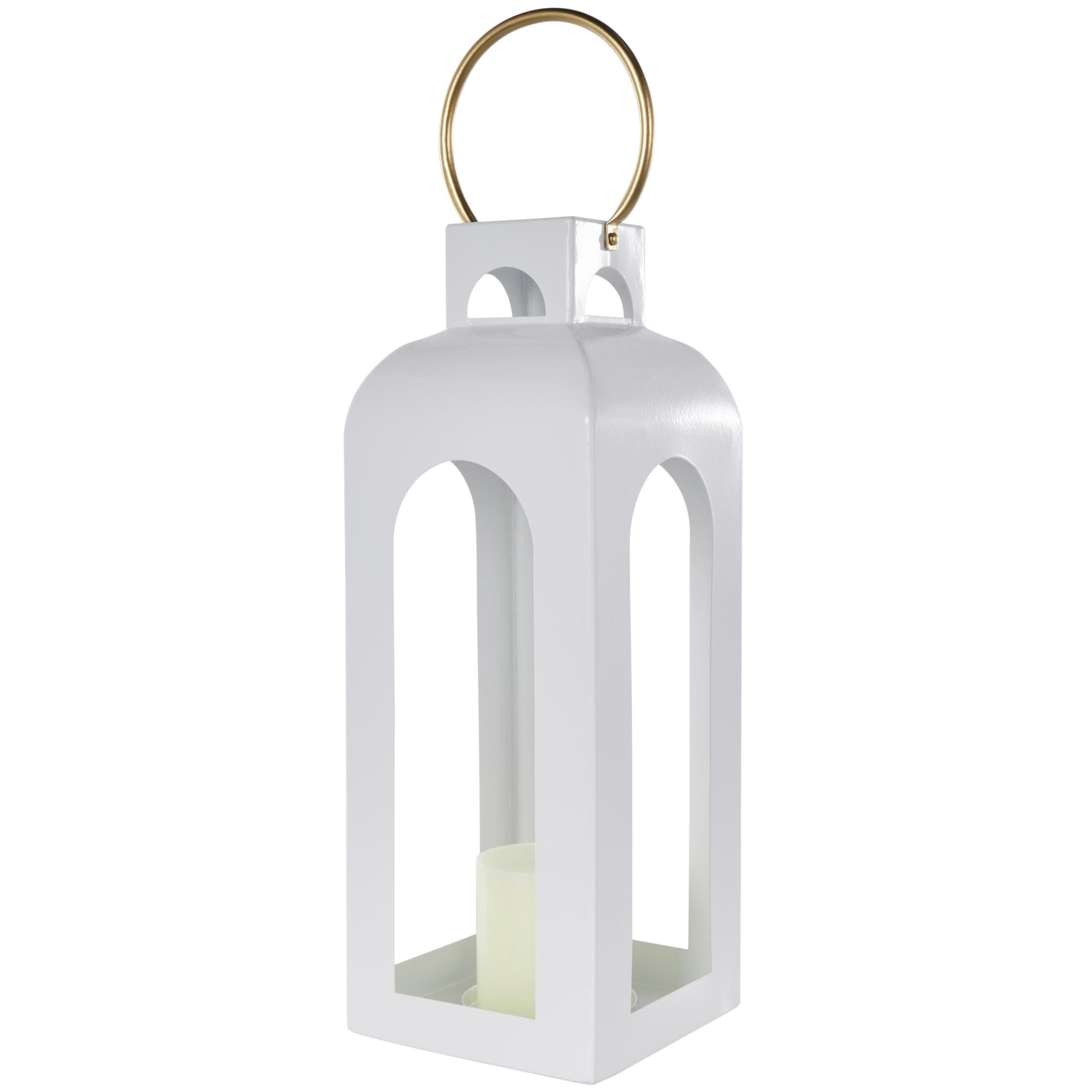 DecMode White Metal Tall Arched Cutout Candle Lantern with Gold Handle