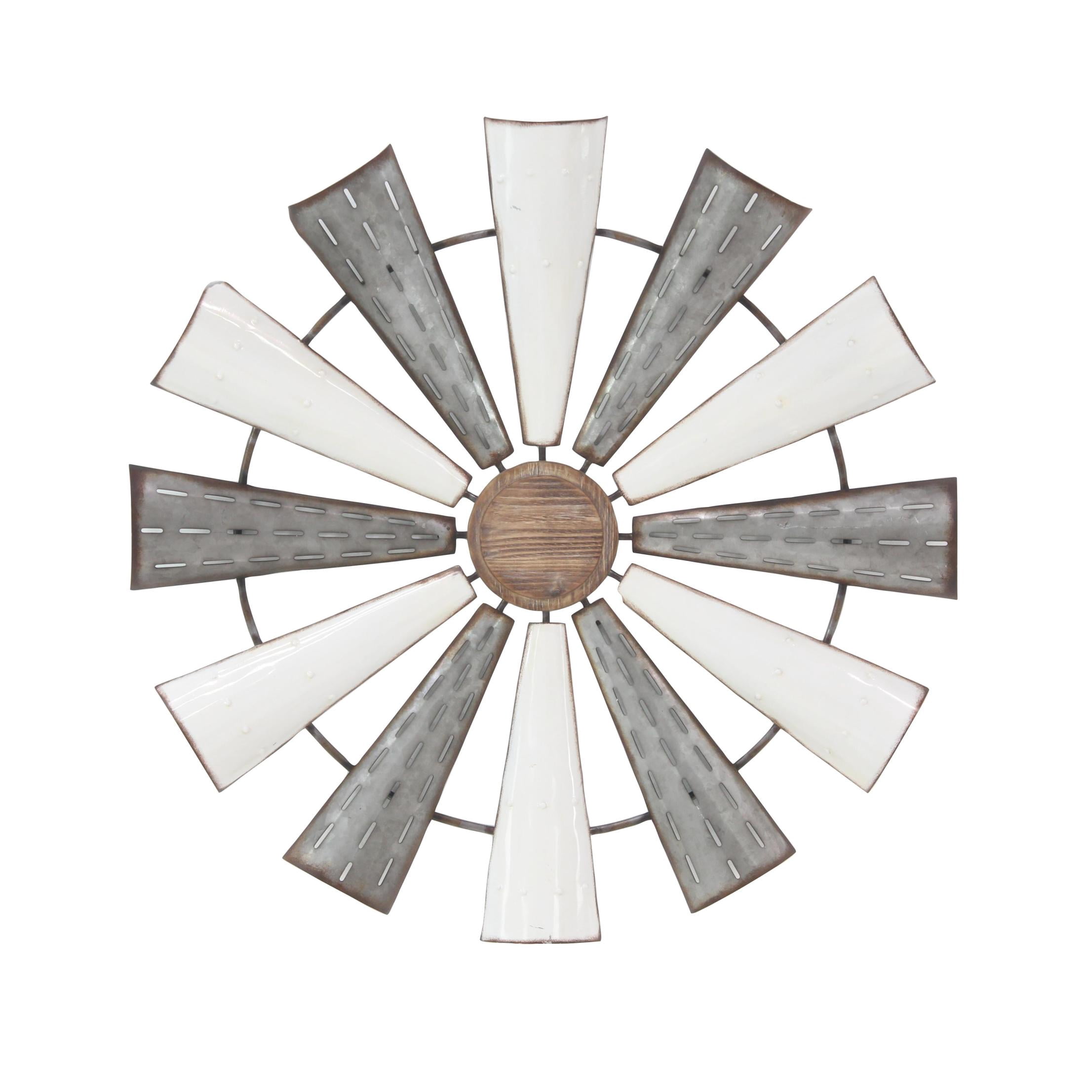 DecMode White Metal Windmill Wall Decor with Galvanized Metal Accents