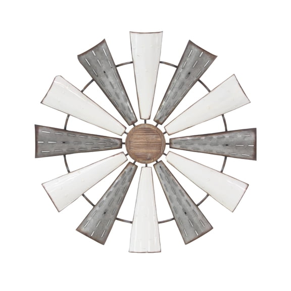 DecMode White Metal Windmill Wall Decor with Galvanized Metal Accents