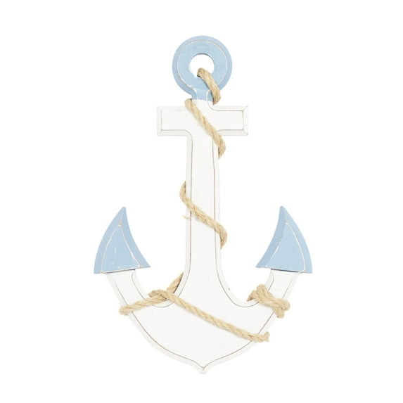 DecMode White Wood Anchor Wall Decor with Twisted Rope