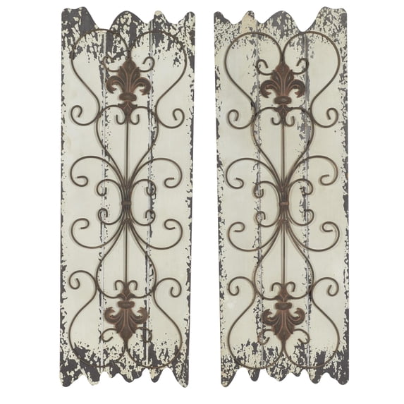 DecMode White Wooden Distressed Fleur De Lis Wall Decor with Rust Metal Scrolls (2 Count)