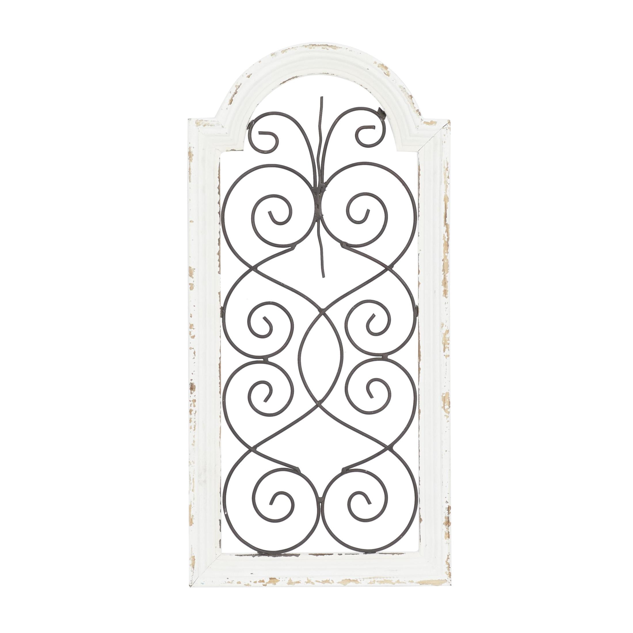 DecMode White Wood Arched Window Inspired Scroll Wall Decor with Metal Scrollwork Relief