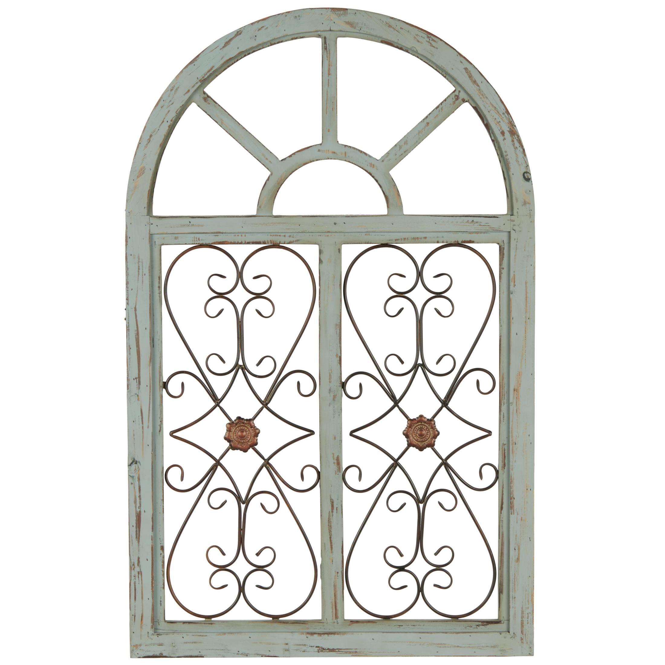 DecMode Light Blue Wood Arched Window Inspired Scroll Wall Decor with Metal Scrollwork Relief