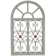 DecMode Light Blue Wood Arched Window Inspired Scroll Wall Decor with Metal Scrollwork Relief