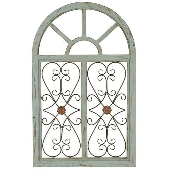 DecMode White Wood Arched Window Inspired Scroll Wall Decor with Metal Scrollwork Relief