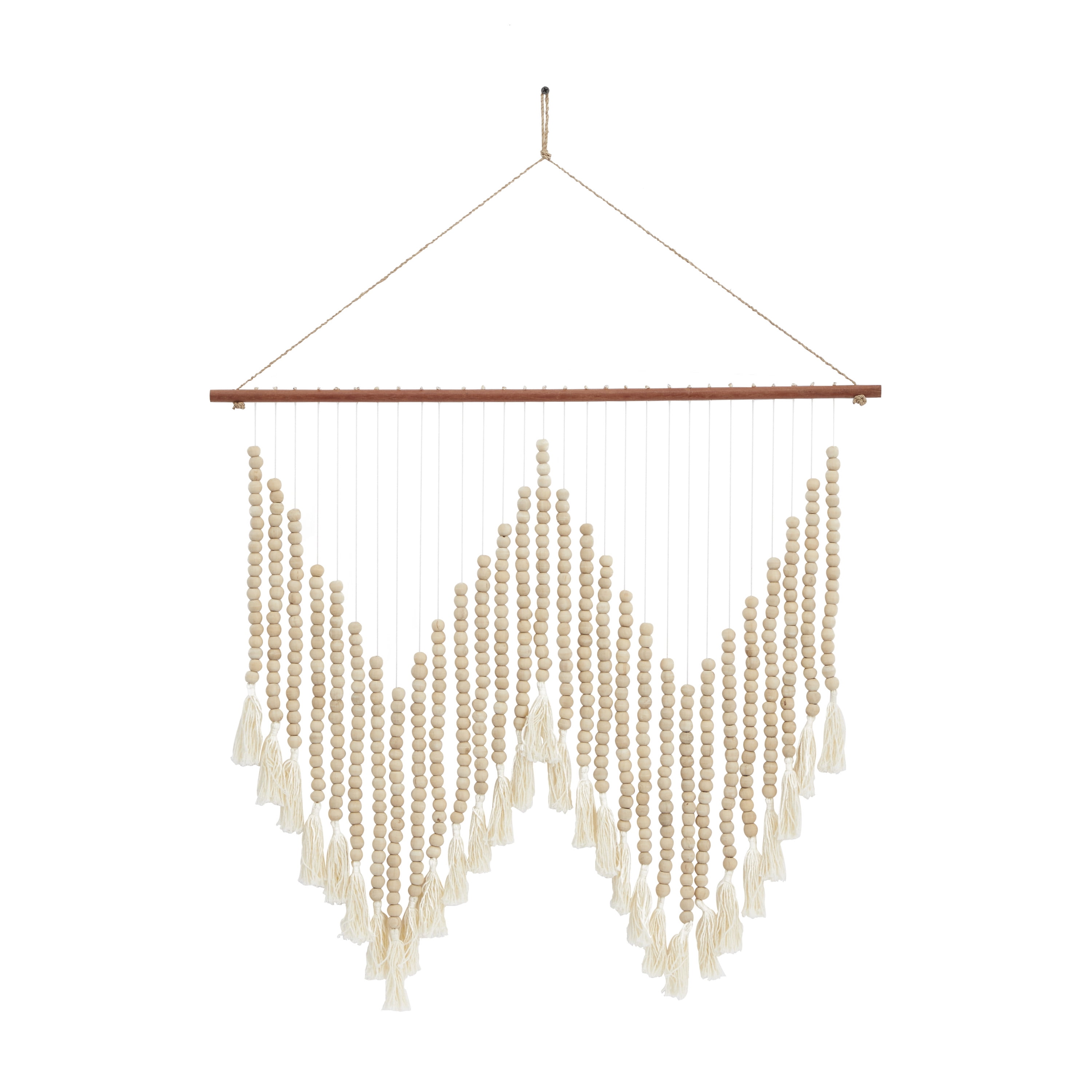 DecMode White Wood Beaded Macrame Wall Decor with Fringe Tassels