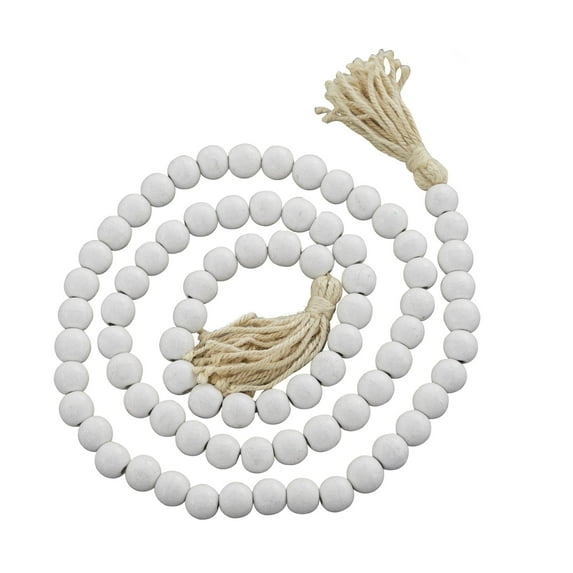 DecMode White Wood Bohemian Garland Décor with Geometric Bead Details and Cream Cotton Tassel, 80"L