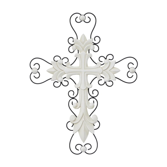 DecMode White Wood Carved Cross Cross Wall Decor with Metal Scrollwork