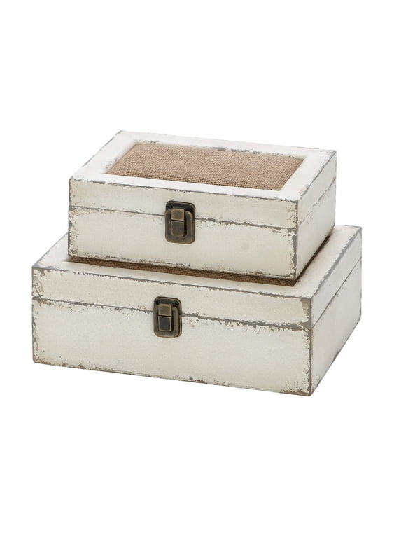 DecMode White Wood Decorative Box with Hinged Lid, 2 Count
