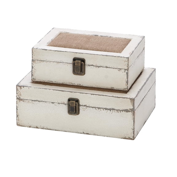 DecMode White Wooden Decorative Box with Hinged Lid, 2 Count