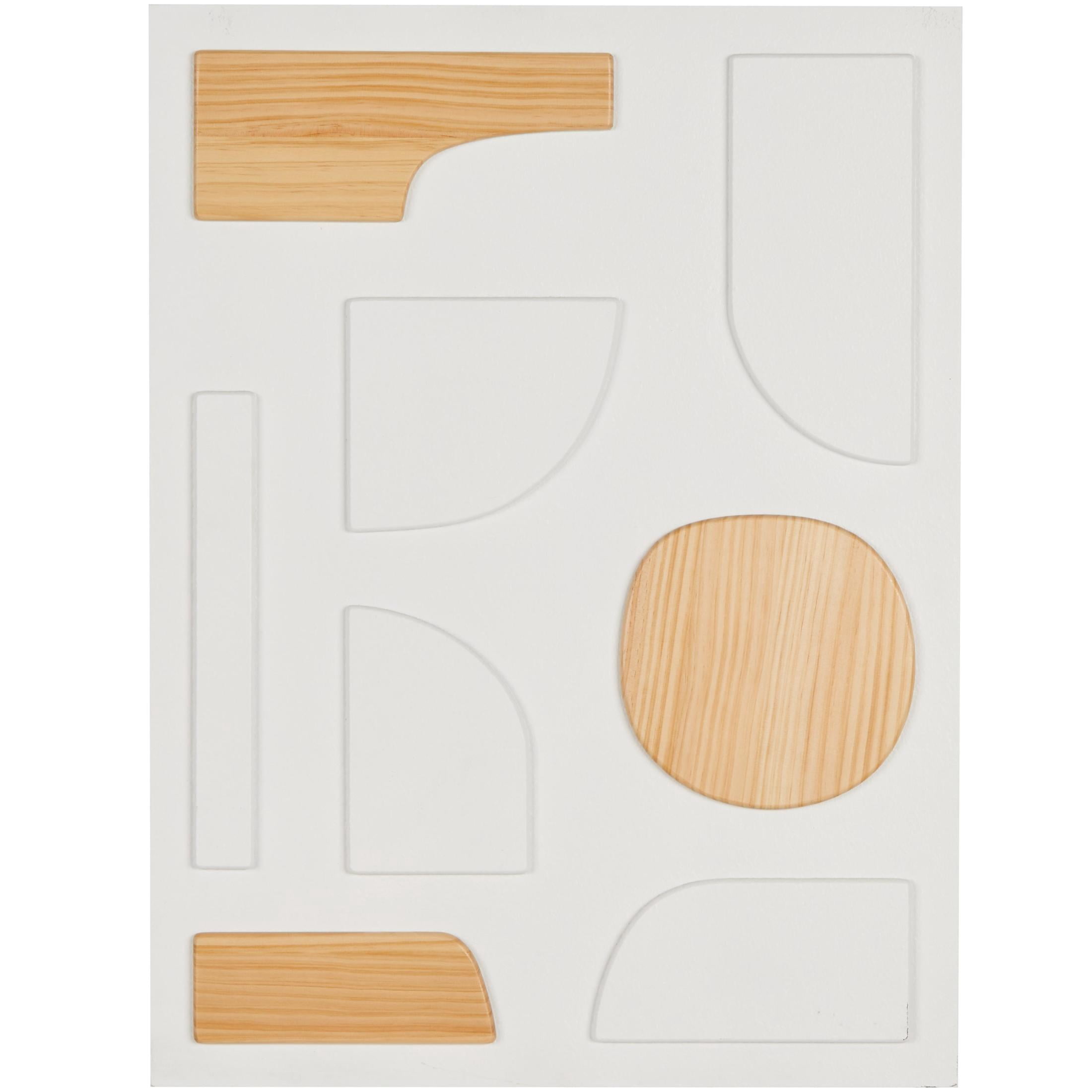 DecMode White Wood Dimensional Art Deco Shapes Geometric Wall Decor with Brown Accents