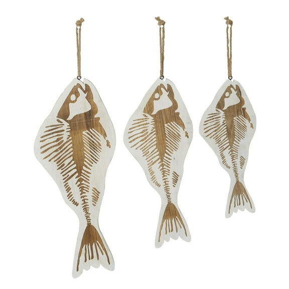 DecMode White Wood Fish Wall Decor with Hanging Rope (3 Count)