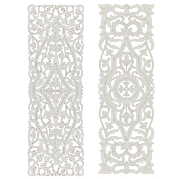 DecMode White Wood Handmade Intricately Carved Arabesque Floral Wall Decor (2 Count)