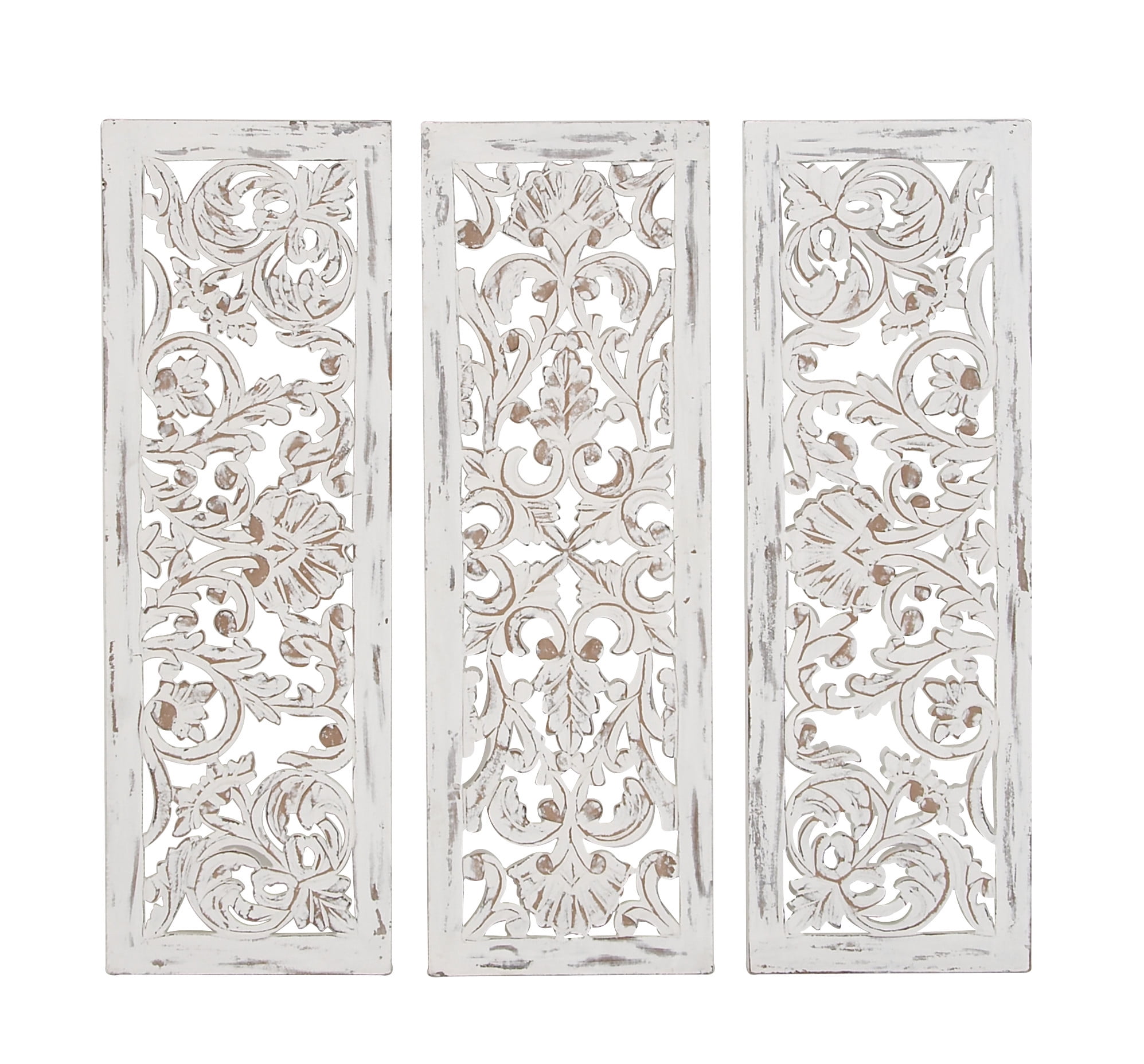 White Distressed Wood Carved Floral Wall Panels Set of 3