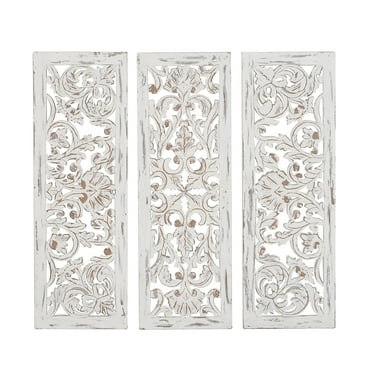 DecMode White Wood Handmade Intricately Carved Floral Wall Decor (3 Count)