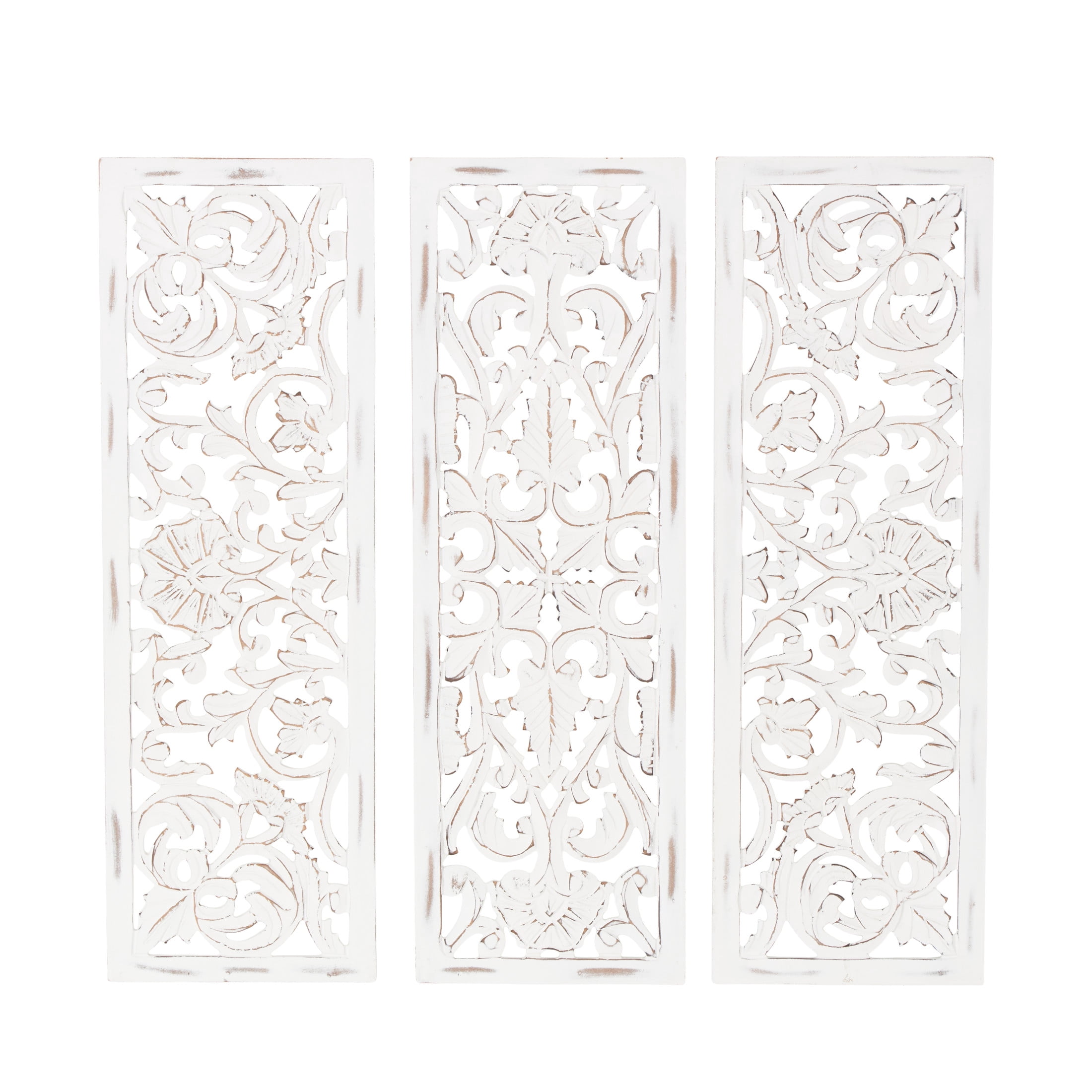 DecMode White Wooden Handmade Intricately Carved Floral Wall Decor (3 ...