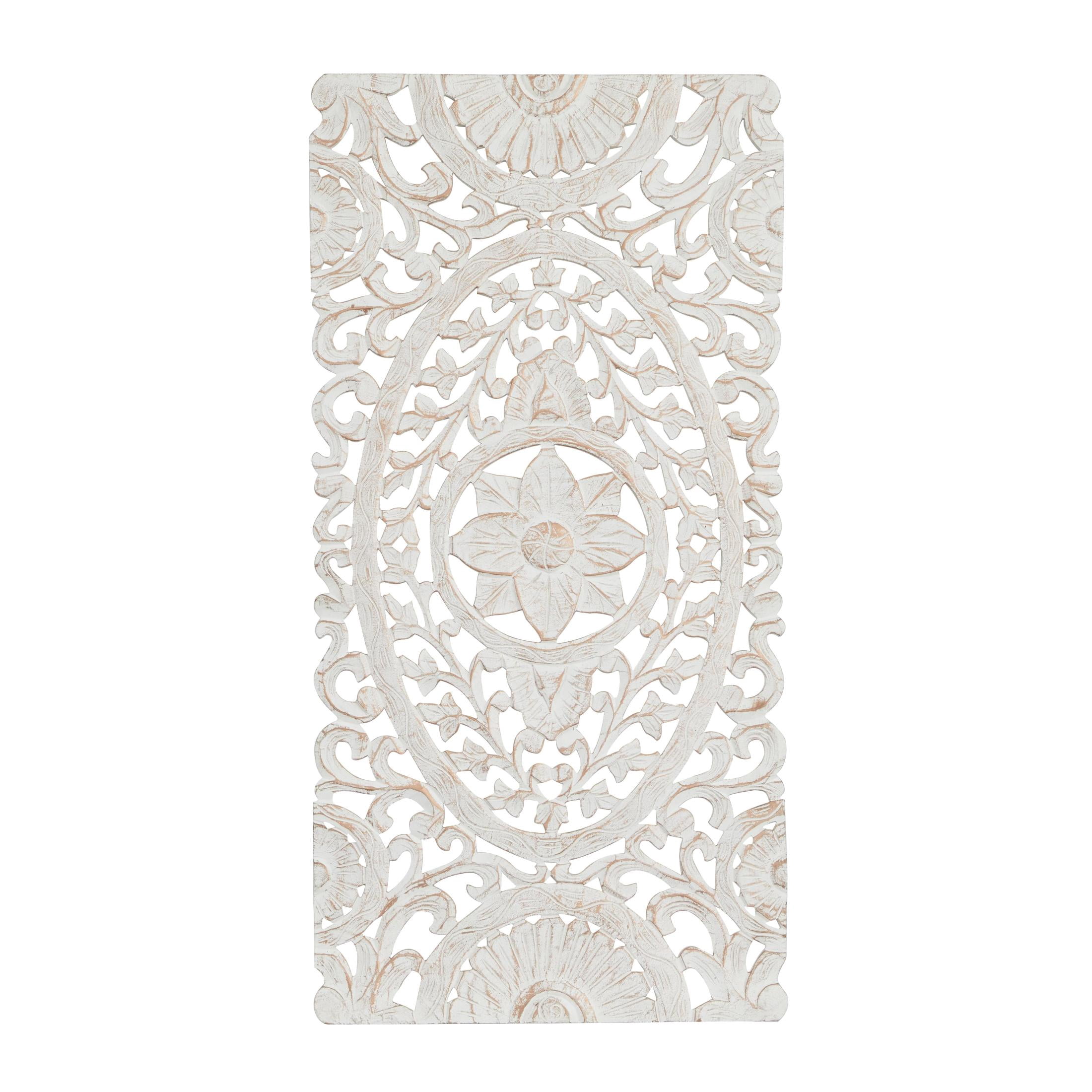DecMode White Wooden Handmade Intricately Carved Floral Wall Decor with