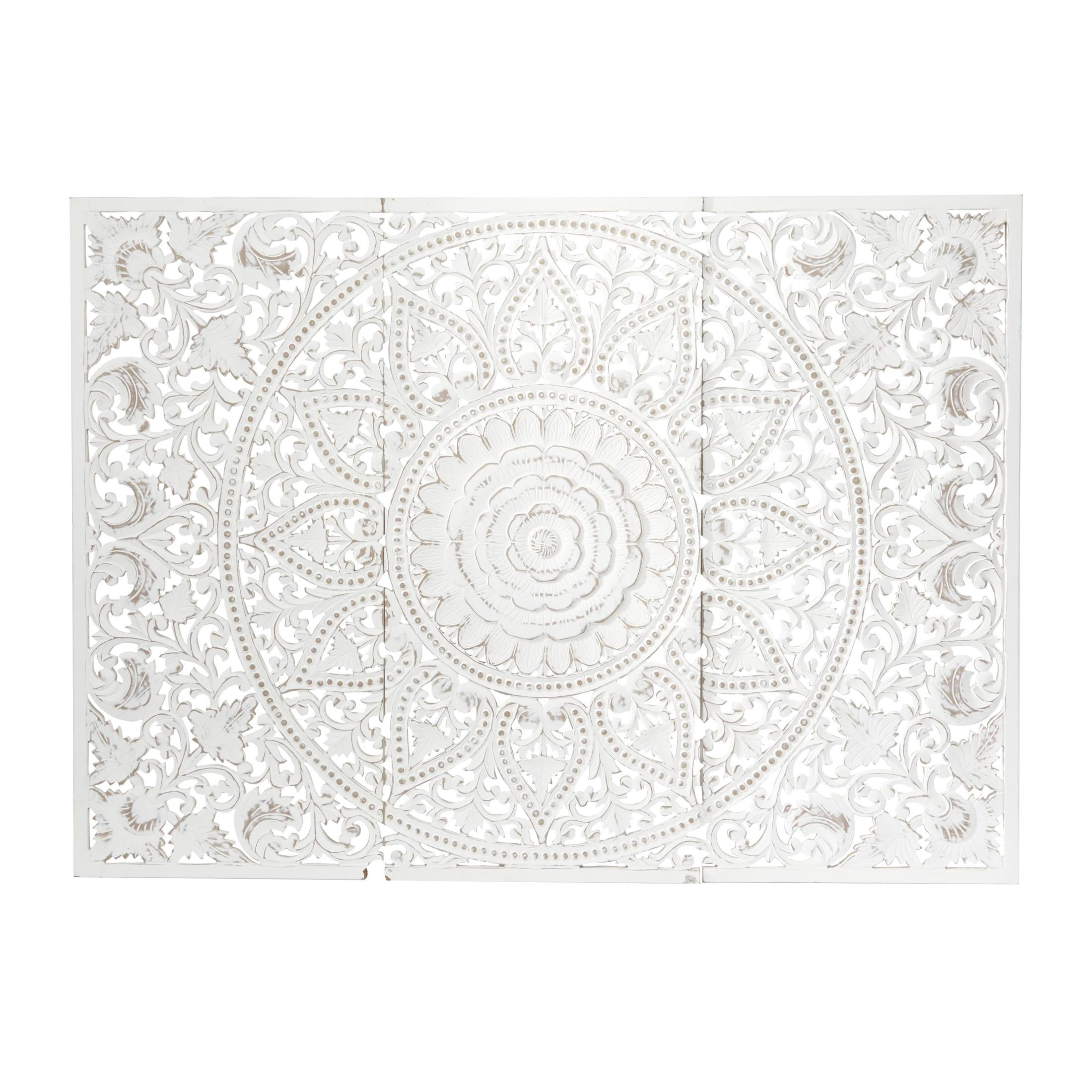 DecMode White Wooden Handmade Intricately Carved Floral Wall Decor with ...