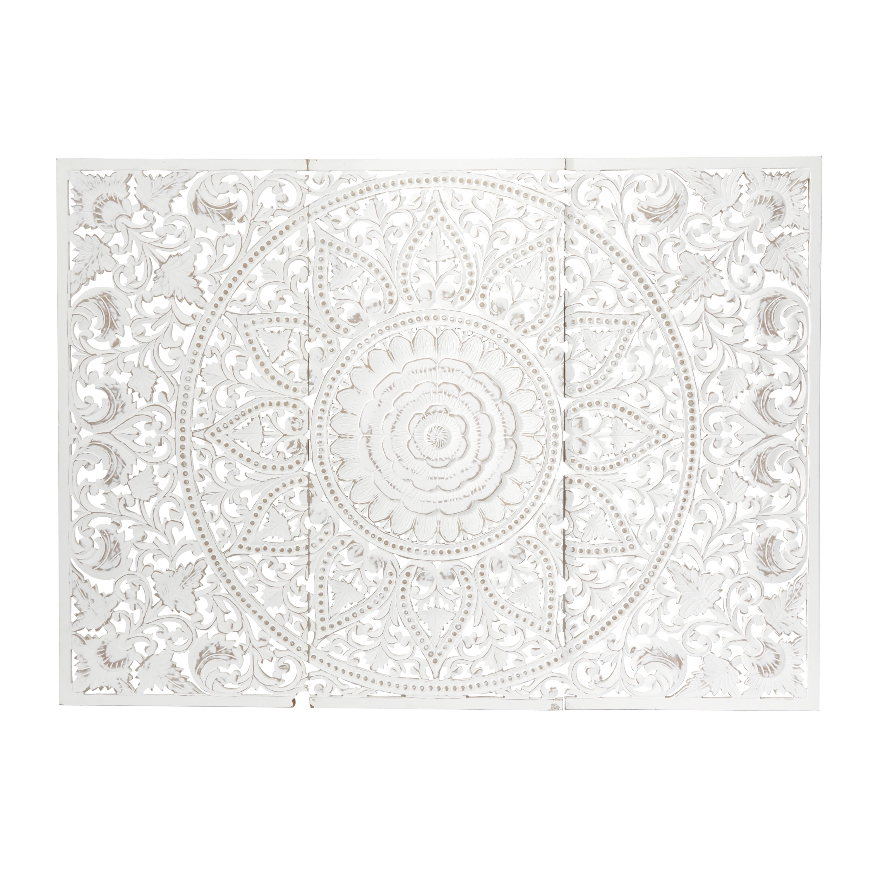 DecMode White Wood Handmade Intricately Carved Floral Wall Decor with ...
