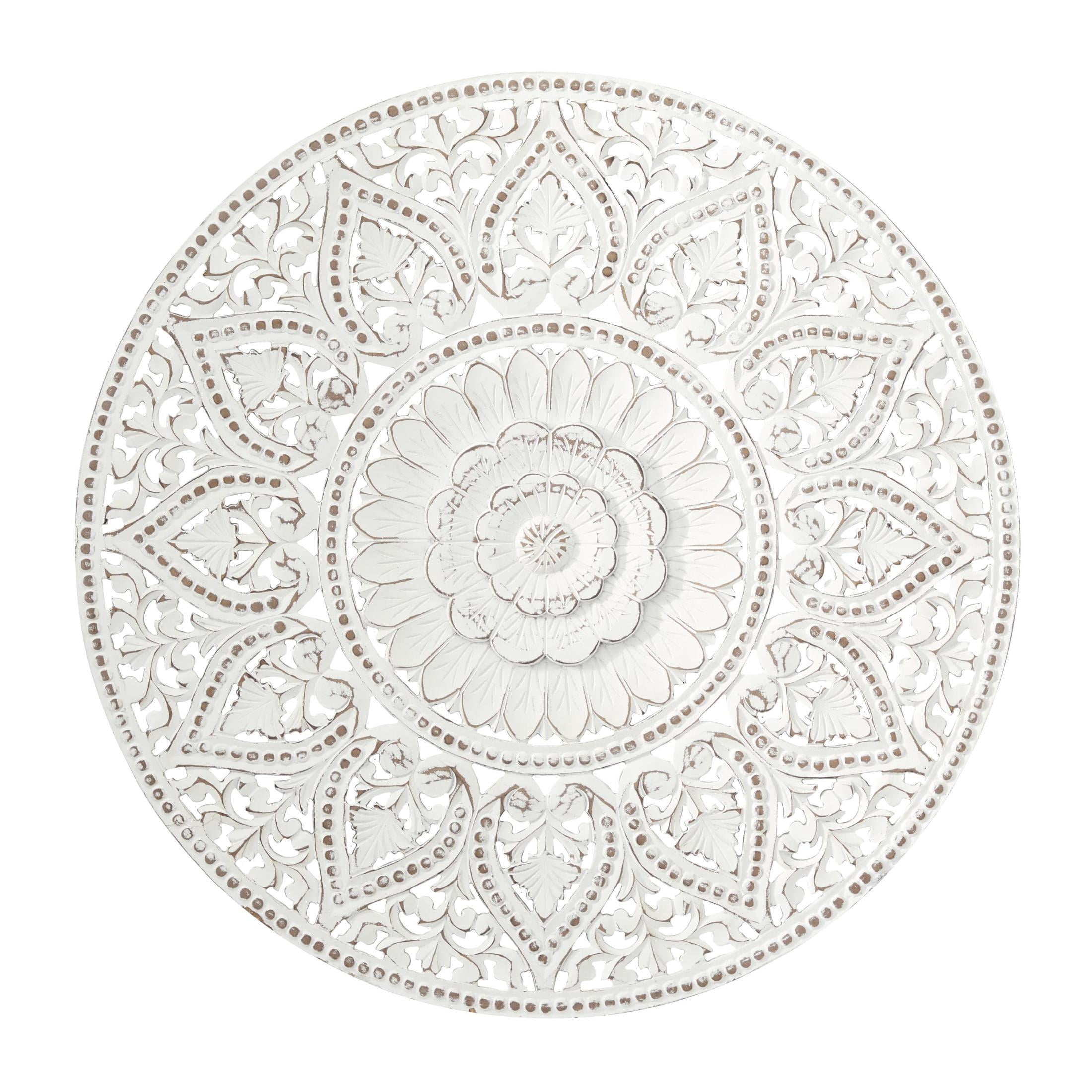 DecMode White Wooden Handmade Intricately Carved Floral Wall Decor with Mandala Design