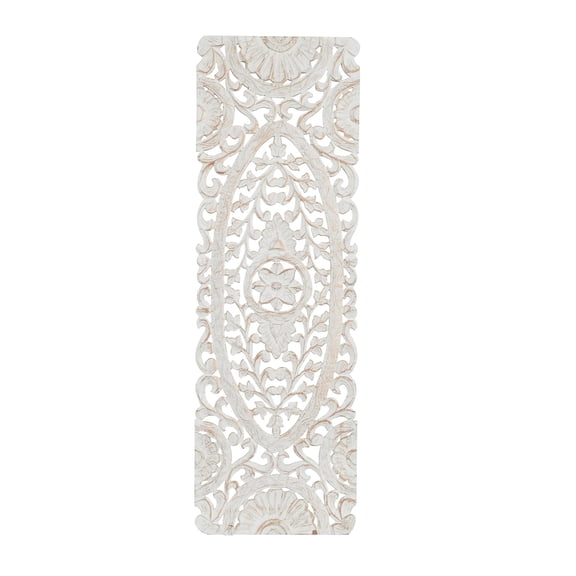 DecMode White Wooden Handmade Intricately Carved Floral Wall Decor with Copper Accents