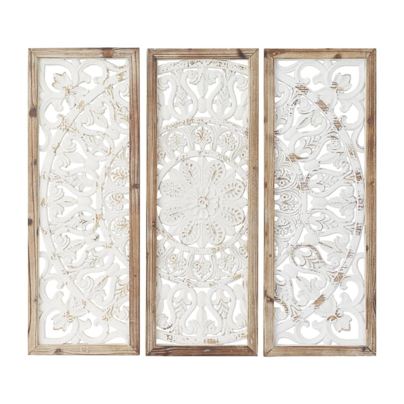 DecMode White Wood Intricately Carved Floral Wall Decor with Mandala Design (3 Count)
