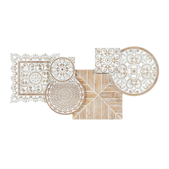 DecMode White Wood Carved Geometric Floral Wall Decor with Brown Scrolls