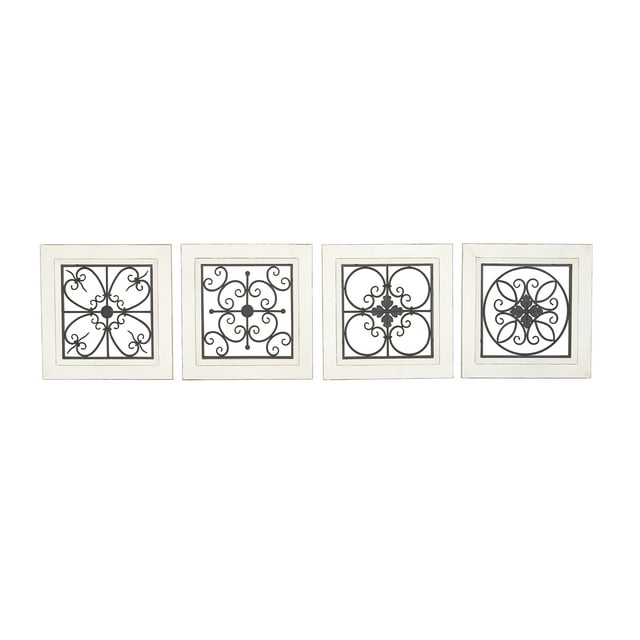 DecMode White Wood Scroll Wall Decor with Metal Relief (4 Count)