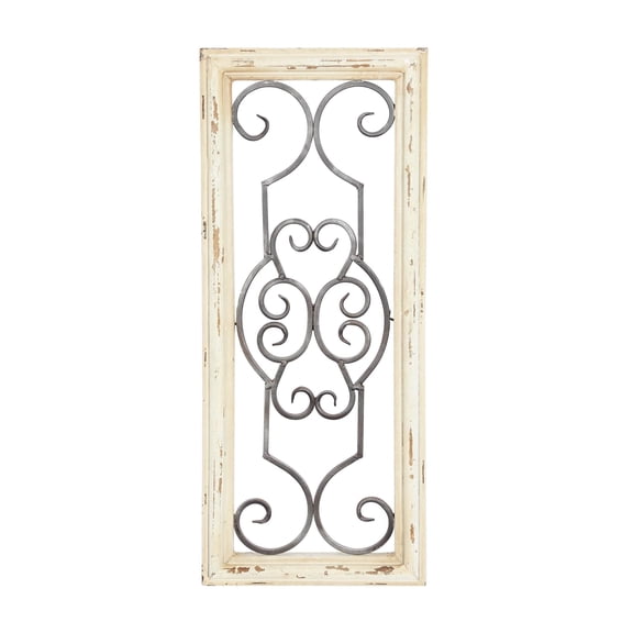 DecMode White Wood Small Panel Scroll Wall Decor with Black Metal Scrollwork